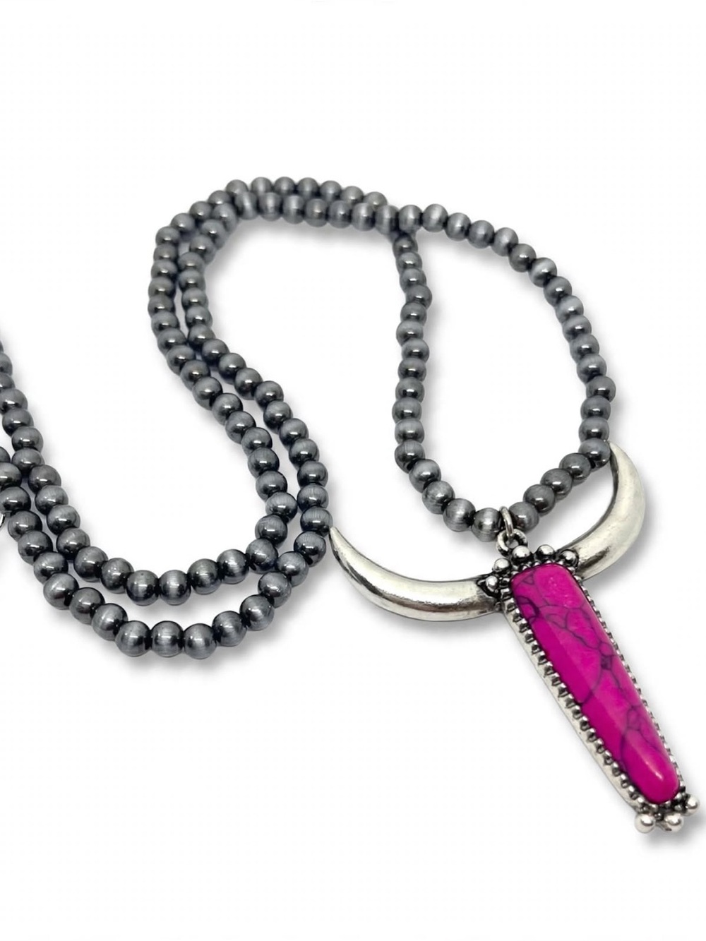 New Pink and Silver Longhorn Pendant on 18” Beaded Navajo Style Chain